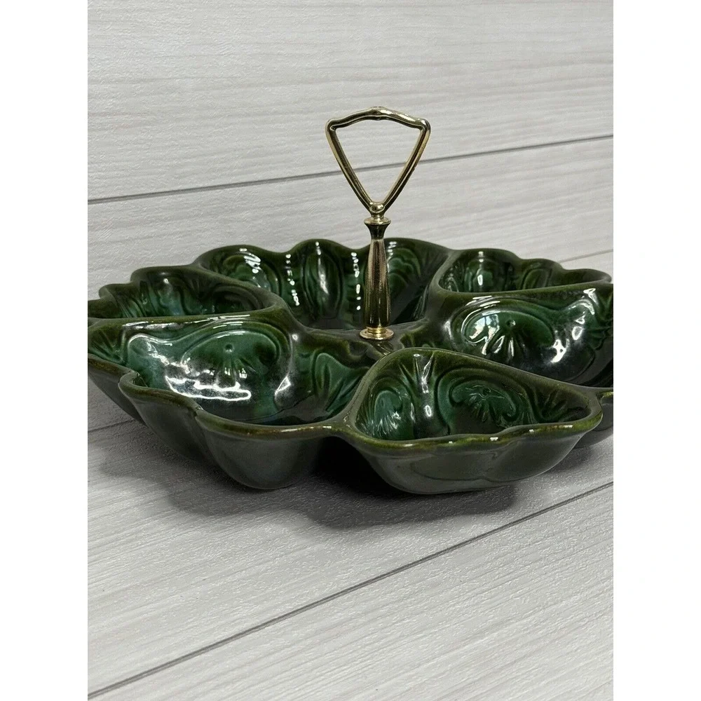 Vintage Art Deco Green Ceramic Divided Serving Tray with Gold Handle Floral Leaf
